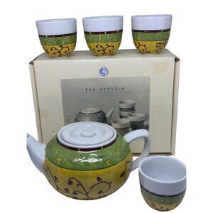 VTG Pier1 Earthenware Pacific Rim Lemon Teapot 4 Mugs Ceramic Kitchenware w/ Box